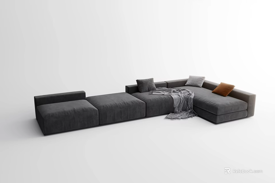 Modern Dark Gray Fabric Sectional Sofa With Pillows And Throw Blanket 3d model