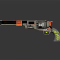 3D Rendered Revolver With Orange Gray Body Green Dotted Grip Warning Label And Reflective Surface