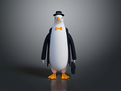 Cute Penguin Character Wearing Top Hat Bow Tie Coat Holding Briefcase With Yellow Feet 3d model
