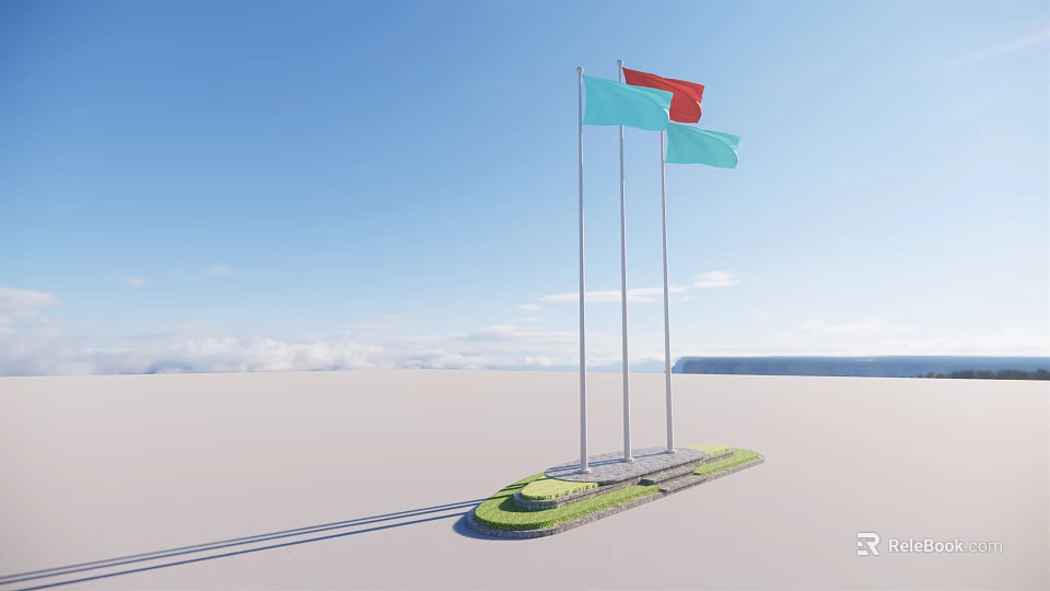 Three Flags Red And Light Blue On Flagpoles Over Grass Base With Blue Sky 3d model 