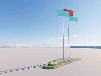 Three Flags Red And Light Blue On Flagpoles Over Grass Base With Blue Sky 3d model