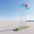 Three Flags Red And Light Blue On Flagpoles Over Grass Base With Blue Sky