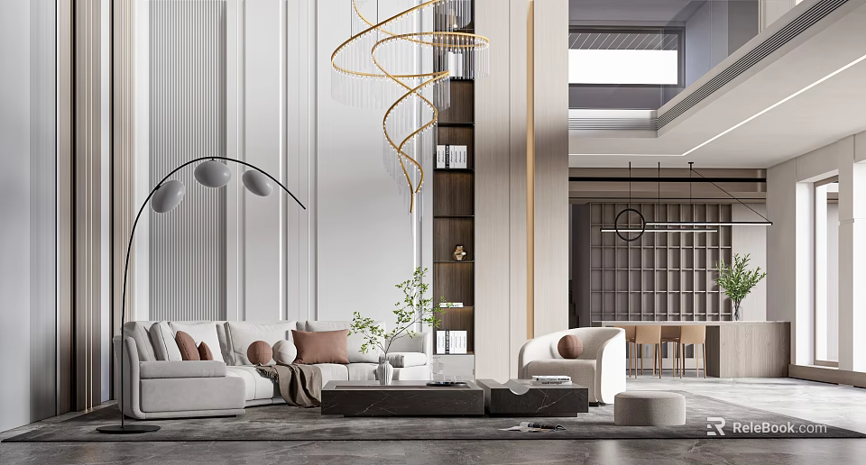 Modern Double Height Living Room Interior Design With Sofa Coffee Table And Chandelier 3d model 