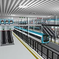 Modern Metro Station Platform With Striped Ceiling Escalators And Blue Train 3d model