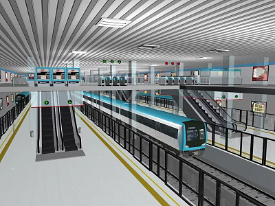 Modern Metro Station Platform With Striped Ceiling Escalators And Blue Train 3d model