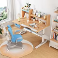 Modern Kids Desk With Blue Chair Bookshelf Table Lamp Photo Frames And Books