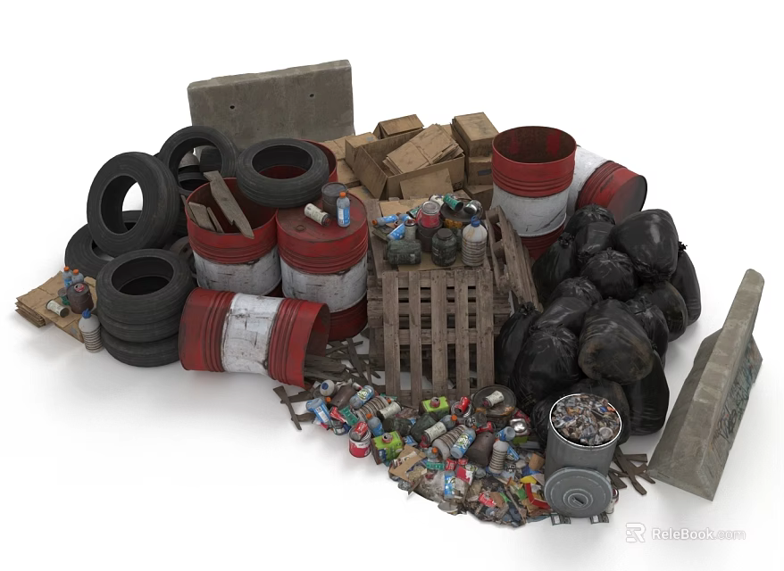 Pile Of Discarded Household Items With Tires Barrels Cardboard Boxes And Garbage Bags 3d model 