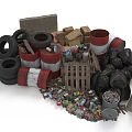 Pile Of Discarded Household Items With Tires Barrels Cardboard Boxes And Garbage Bags