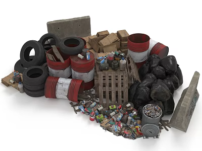 Pile Of Discarded Household Items With Tires Barrels Cardboard Boxes And Garbage Bags 3d model