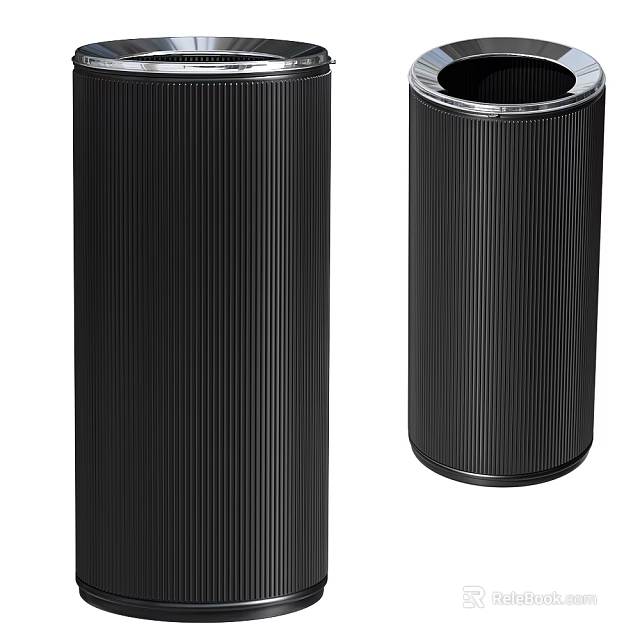 Black Cylindrical Ribbed Public Trash Bins for Urban Outdoor Public Facilities and Areas 3d model 