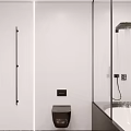 Modern Bathroom Interior With Circular Mirror Double Sink Black Countertop And Orange Chair