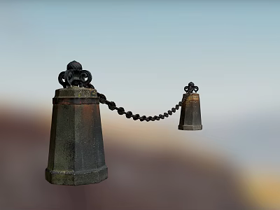 Vintage Metal Fence Posts With Ornate Tops Connected By Chain 3d model