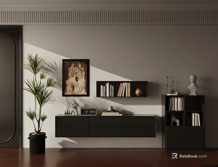 Modern Living Room Interior Featuring Black Chest of Drawers Painting Palm Plant and Bookshelf 3d model 
