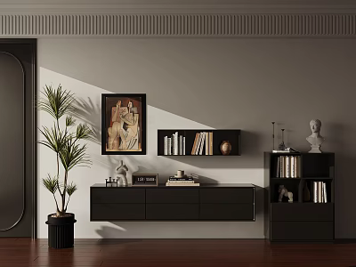 Modern Living Room Interior Featuring Black Chest of Drawers Painting Palm Plant and Bookshelf 3d model