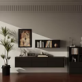 Modern Living Room Interior Featuring Black Chest of Drawers Painting Palm Plant and Bookshelf