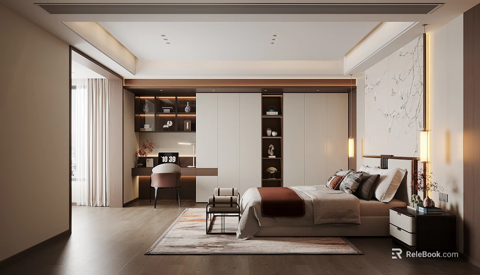 Modern Bedroom Interior With Built in Wardrobe Desk Bed Decorative Rug And Soft Lighting 3d model 