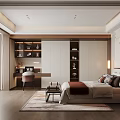 Modern Bedroom Interior With Built in Wardrobe Desk Bed Decorative Rug And Soft Lighting