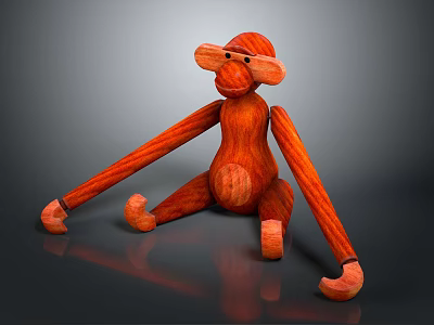 Handmade Wooden Monkey Doll In Sitting Posture With Long Arms And Smooth Surface 3d model