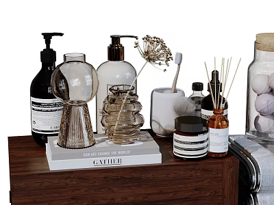 Stylish Bathroom Accessories With Hand Soap Dispensers Fragrance Diffusers Dried Flower Decor And Storage Jars 3d model