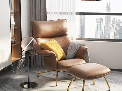 Modern Brown Leather Single Sofa With Yellow Cushion Gray Throw Ottoman By Window City View 3d model