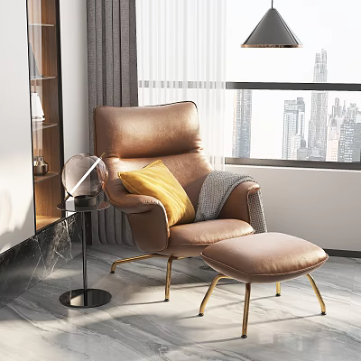 Modern Brown Leather Single Sofa With Yellow Cushion Gray Throw Ottoman By Window City View 3d model