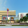 Vibrant Commercial Street with Large Mall Colorful Balloons Trees and Plaza