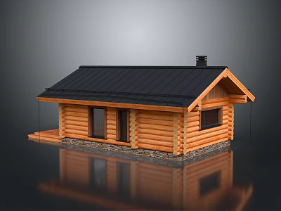 Log Cabin Wooden Structure With Black Roof Chimney And Stone Foundation 3d model