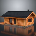 Log Cabin Wooden Structure With Black Roof Chimney And Stone Foundation