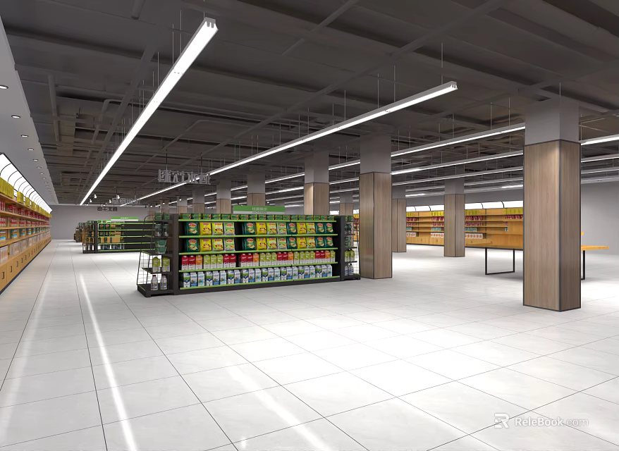Spacious Supermarket Interior With Shelves Full Of Products Bright Lighting And Clean Floor 3d model 