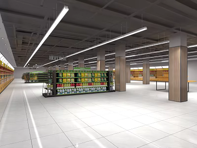 Spacious Supermarket Interior With Shelves Full Of Products Bright Lighting And Clean Floor 3d model