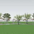 Curved Pergola With White Canopy And Brick Pathway Surrounded By Trees On Green Lawn