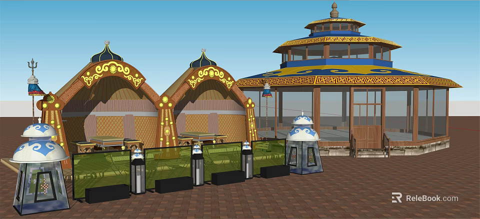 Traditional Architectural Structures With Golden Decorations And Round Tower Near Railings 3d model 