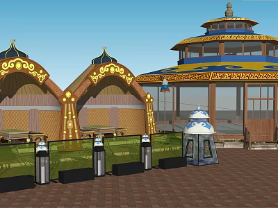 Traditional Architectural Structures With Golden Decorations And Round Tower Near Railings 3d model