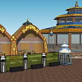 Traditional Architectural Structures With Golden Decorations And Round Tower Near Railings