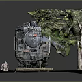 Vintage Rusted Steam Train Model With Green Foliage On Display Base 3d model