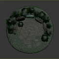 Mystical Stone Platform With Glowing Symbols Pine Trees And Red Inscriptions