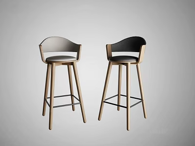 Modern Pair Of Bar Stools With Wooden Legs Black Seat And Curved Backrest Design 3d model