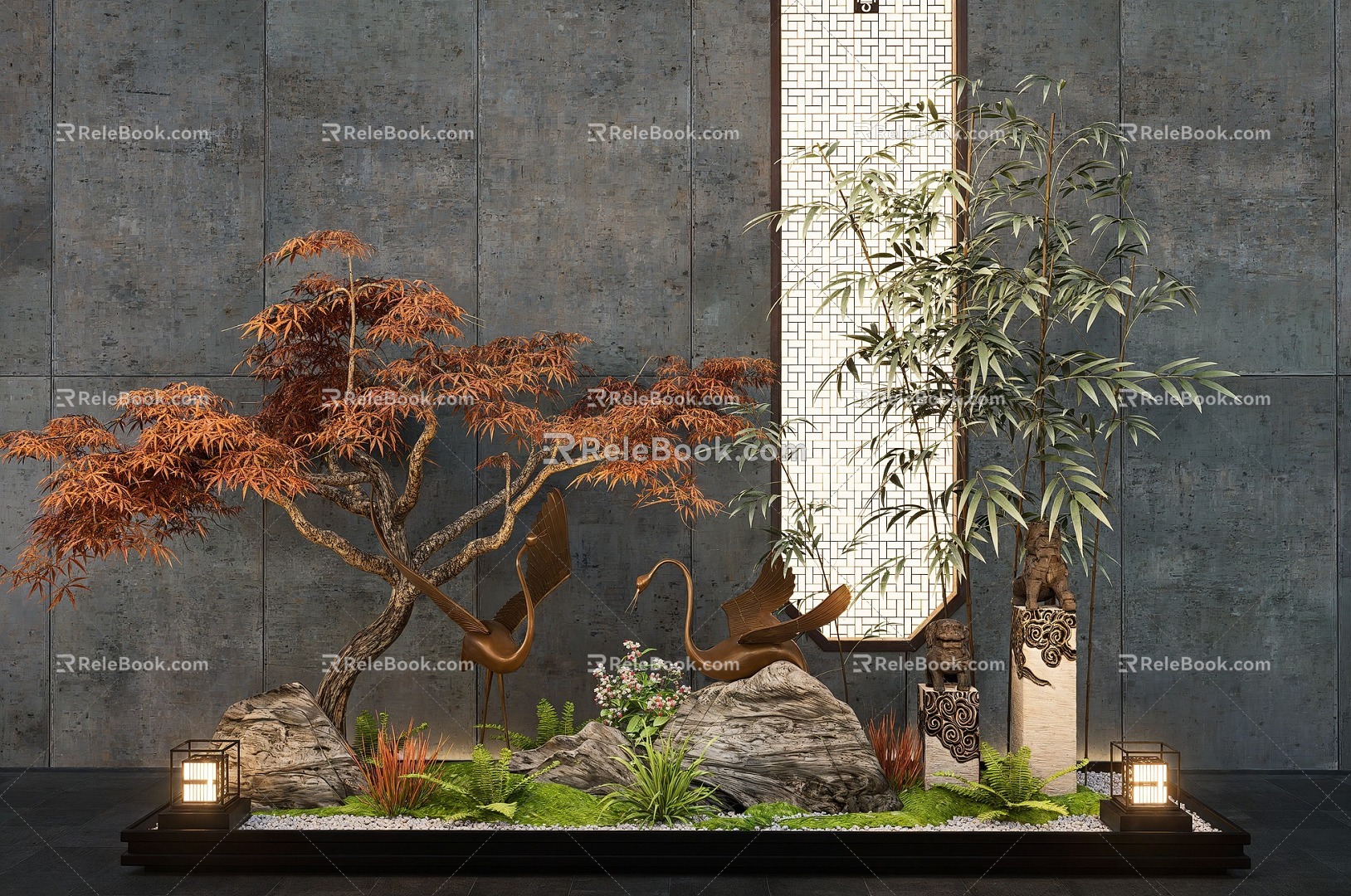 New Chinese Courtyard Interior Landscape Sick Crane Stone Bamboo Maple Plant Combination 3d model