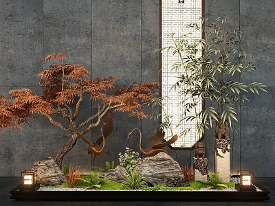 New Chinese Courtyard Interior Landscape Sick Crane Stone Bamboo Maple Plant Combination 3d model