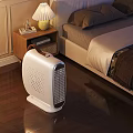 Bedroom Interior With Wooden Floor Brown Bedding Bedside Table Table Lamp And White Heater
