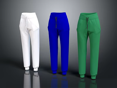 Casual Jogger Pants in White Blue Green with Drawstring Waist and Cuffed Ankles 3d model
