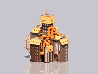 Classic European Architecture Design With Tower Spire And Ornate Decorative Details 3d model