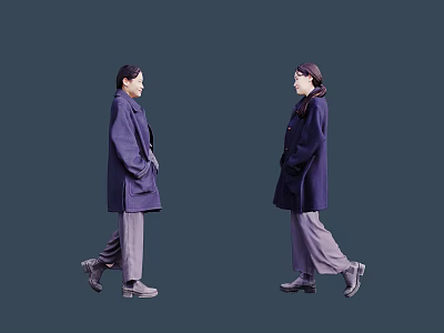 Two women wearing dark colored coats and gray pants walking in stylish outfit 3d model