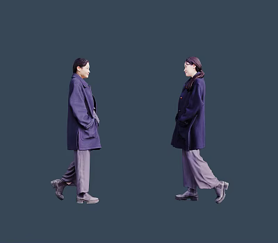 Two women wearing dark colored coats and gray pants walking in stylish outfit 3d model