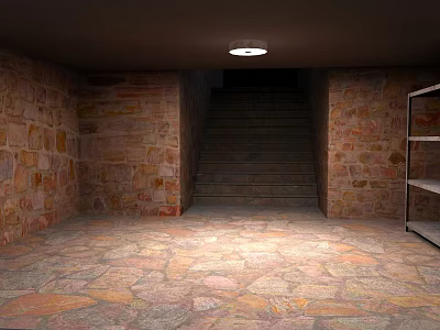 Cartoon Scene with Stone Walls Staircase Stone Floor and Metal Shelf 3d model