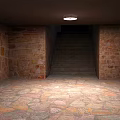 Cartoon Scene with Stone Walls Staircase Stone Floor and Metal Shelf