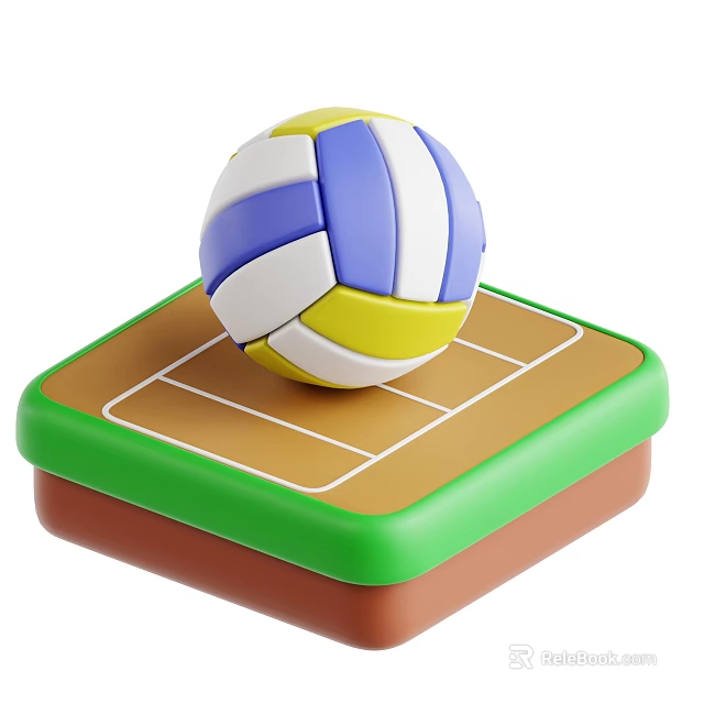 Decorative Ornament Set with Blue White Yellow Volleyball and Brown Green Base Volleyball Court Lines 3d model 