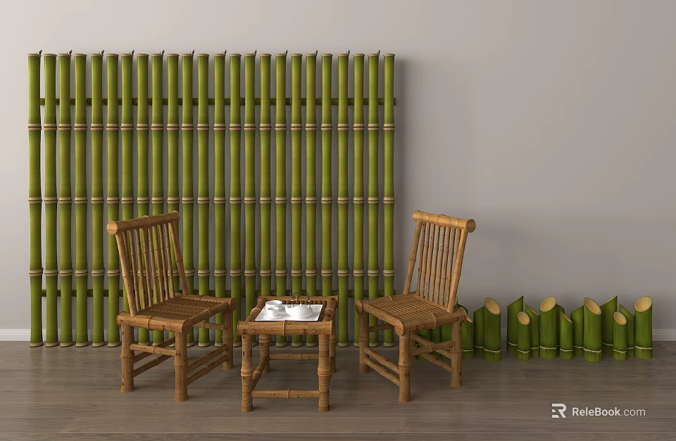 Bamboo Setup with Screen Chairs Coffee Table and Decorative Tubes 3d model