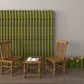 Bamboo Setup with Screen Chairs Coffee Table and Decorative Tubes 3d model