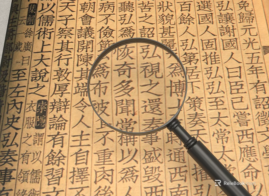Magnifying Glass Examining Ancient Book Page With Traditional Chinese Text Characters 3d model 